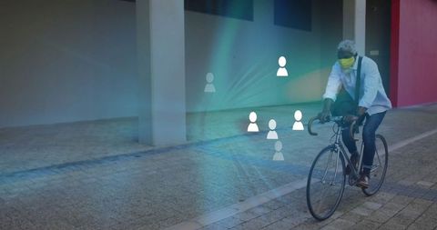 Business Professional Cycling in Urban Environment with Digital Icons