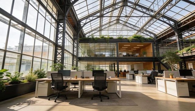 Converted Industrial Atrium with Skylight Mezzanine, Open-Plan Workstations and Greenery