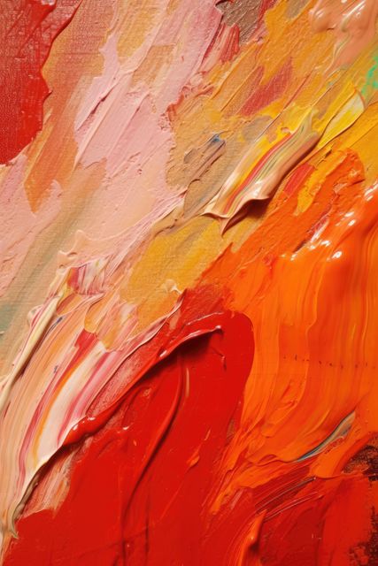 Colorful abstract oil painting featuring dynamic and bold brushstrokes in warm tones such as red, orange, pink, and yellow. Suitable for backgrounds, artistic projects, interior design inspiration, and creative marketing materials.