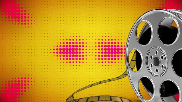 A classic film reel resting on a vibrant halftone background creates a retro cinematic ambiance. Useful for illustrating themes related to movie production, film history, or entertainment industry vintage style promotions. Perfect for websites, blogs, posters, and digital media related to cinema or arts.