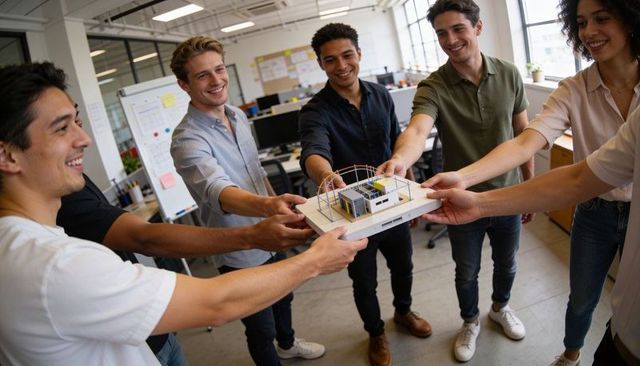 Young team holding architectural model and collaborating in bright open-plan office