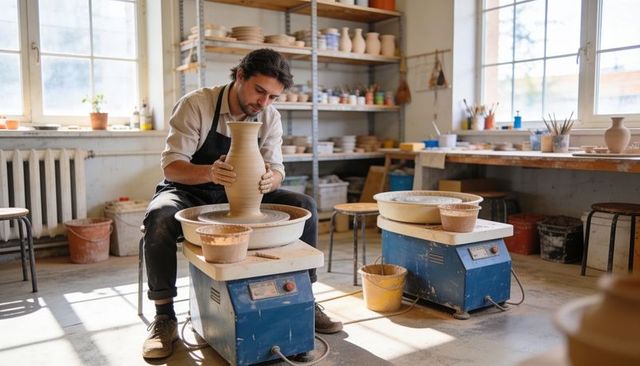 Potter shaping tall ceramic vase on electric wheel in sunlit studio workshop