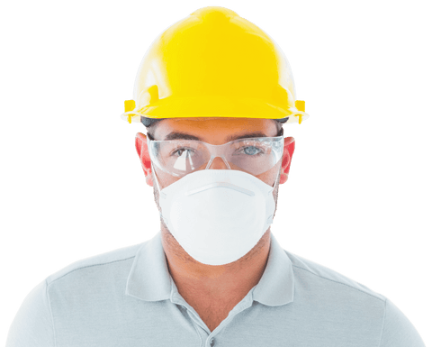 Caucasian male construction worker wearing safety gear transparent background