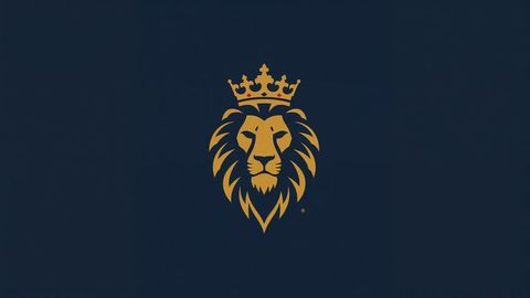 Regal british empire gold lion head with ornate crown on navy blue background