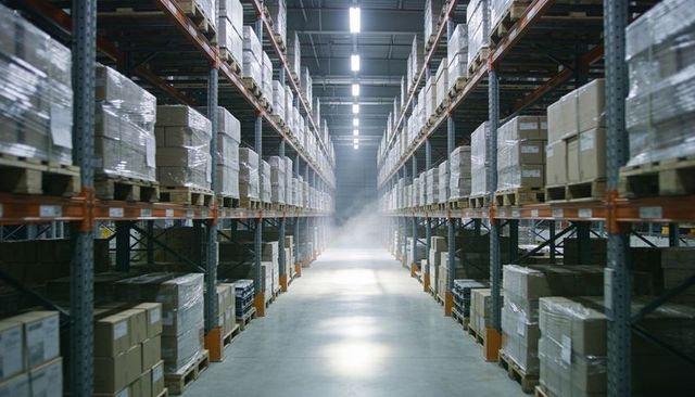 Symmetrical warehouse aisle showing pallet racks, boxes and vanishing point lighting