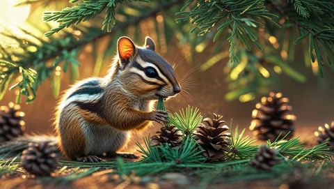 Chipmunk Nibbling on Pine Needle Among Pine Cones in Sunlit Forest