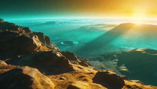 Alien cliff overlooking teal crater basin casting long shadows, dramatic mars-like vista