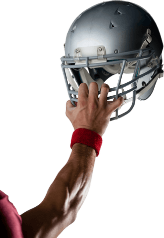 Hand holding transparent american football helmet isolated