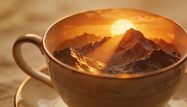 Sunset mountains cradling inside gilded porcelain teacup surreal miniature landscape