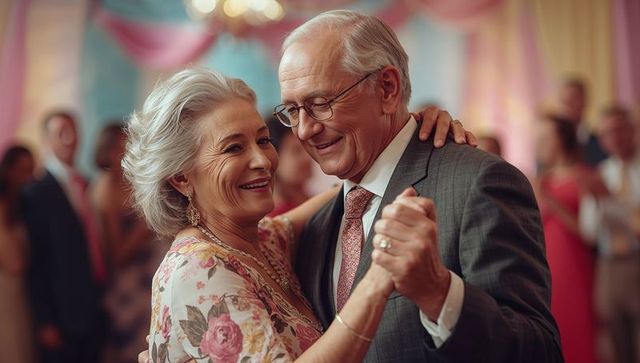 Elegant senior couple dancing in luxurious ballroom setting
