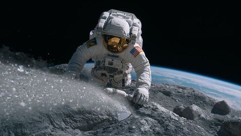 Astronaut Kneeling on Asteroid Using Powered Drill Spraying Regolith Toward Earth