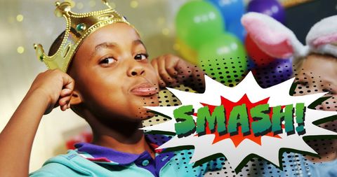 Boy with Crown Celebrating Birthday with Retro Comic Vibes