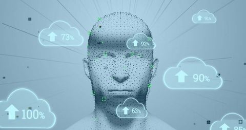 Futuristic human head with cloud computing icons and statistics