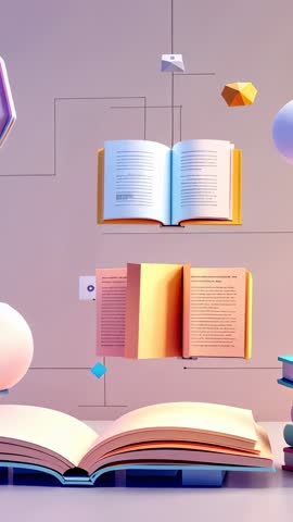 Vertical animation: floating books flexing pages, pulsing envelope, pastel geometric