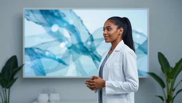 Confident female doctor presenting in modern clinic with minimalist wall display and plants