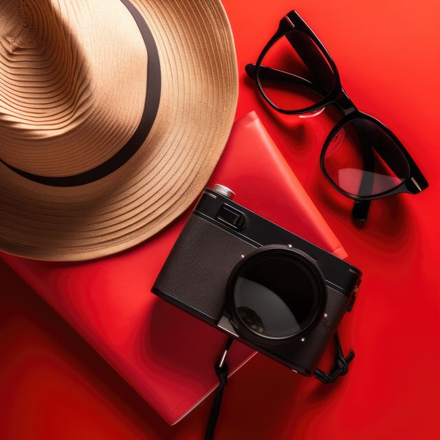 Flat lay composition featuring summer travel essentials: a beige straw hat, stylish black sunglasses, and a vintage camera, all placed against a vibrant red background. Perfect for use in travel blogs, vacation planning websites, lifestyle articles, and promotional material for holiday destinations.