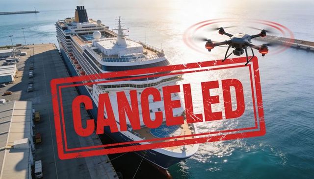 Drone monitoring cruise ship with canceled stamp at sunlit port aerial view