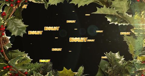 Festive holly text with decorative leaves on dark background