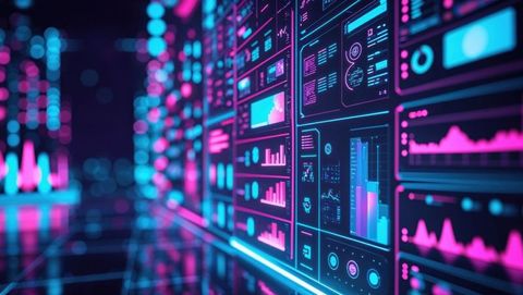 Futuristic Data Center with Digital Dashboards and LED Panels