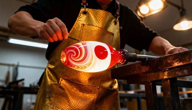Glassblower shaping swirled molten glass teardrop while wearing gold protective apron