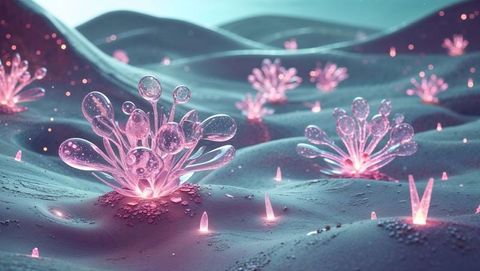 Shimmering Crystalline Blooms on Futuristic Teal Landscapes