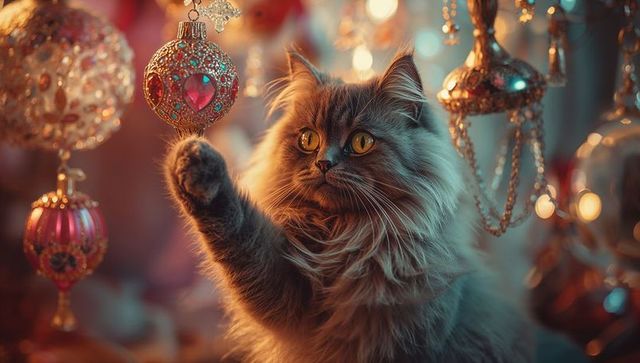 Fluffy Grey Cat Playing with Festive Bauble Ambience
