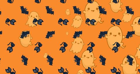 Playful halloween ghosts and cats on orange background
