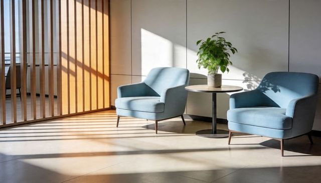 Sunlight streaming through slatted divider onto modern lounge with blue armchairs