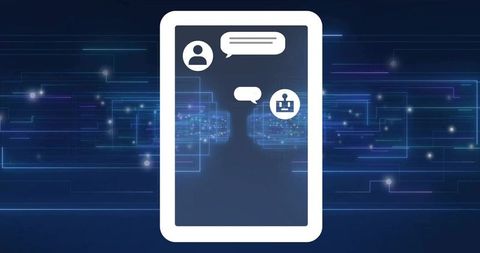 Tablet Displaying AI Chat Icons and Neural Network Connectivity on Dark Tech Background