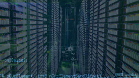 Empty Server Room with Digital Overlay for Data Network Theme
