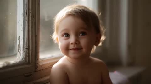 Toddler Smiling and Gazing Out Window Seat in Soft Morning Light