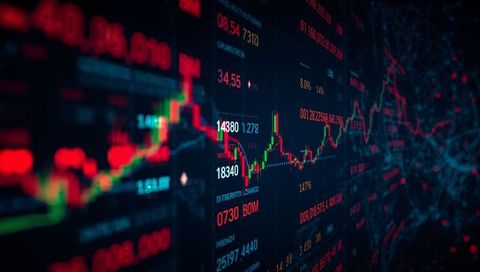 Dynamic candlestick chart updating on trading desk monitor with vibrant numeric tickers