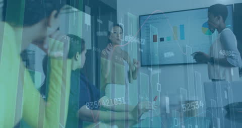 Multicultural Team Analyzing Financial Data in Modern Tech Environment