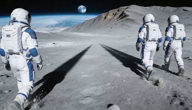 Three astronauts walking on lunar plain with Earth rising, long shadows and footprints
