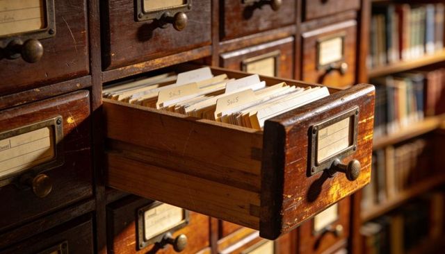 Vintage wooden library card catalog drawer open with tabbed index cards and brass label
