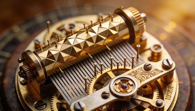 Brass music box mechanism with pinned cylinder and engraved regulator glowing in macro