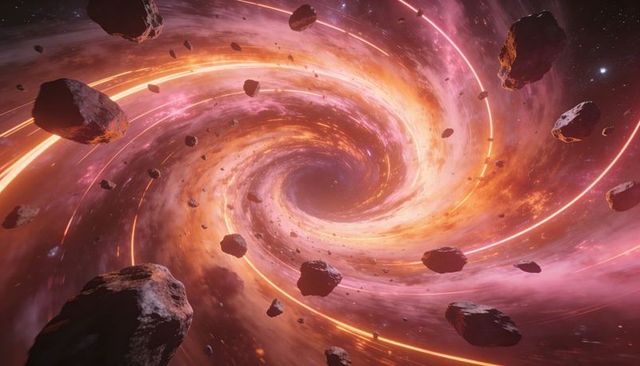 Swirling Luminous Spiral Vortex Drawing Asteroids and Cosmic Debris into Glowing Rings