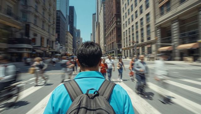 Adult male wearing blue jacket walking through busy city crosswalk with backpack