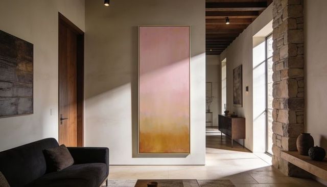 Hanging large vertical abstract painting in mediterranean living room with pink-gold gradient