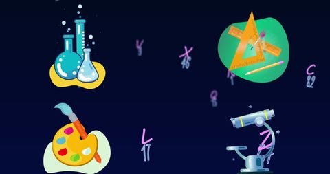 Colorful Science and Art Icons on Dark Educational Background