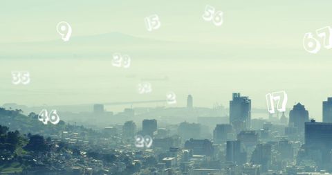 Foggy Cityscape with Superimposed Numbers in Abstract Digital Concept - Download Free Stock Images Pikwizard.com