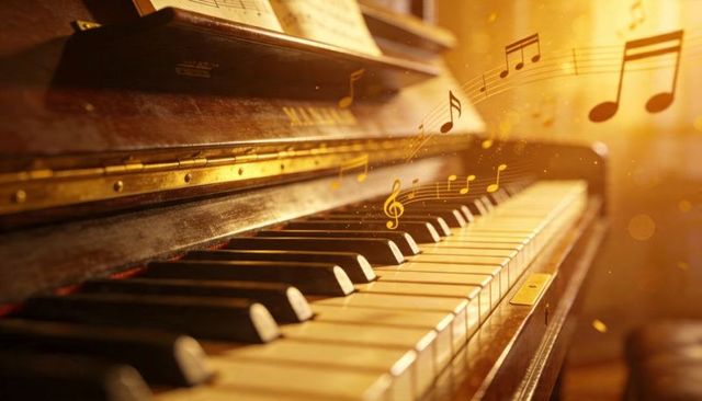 Sunlight bathing vintage piano keyboard, musical notes floating in warm parlor