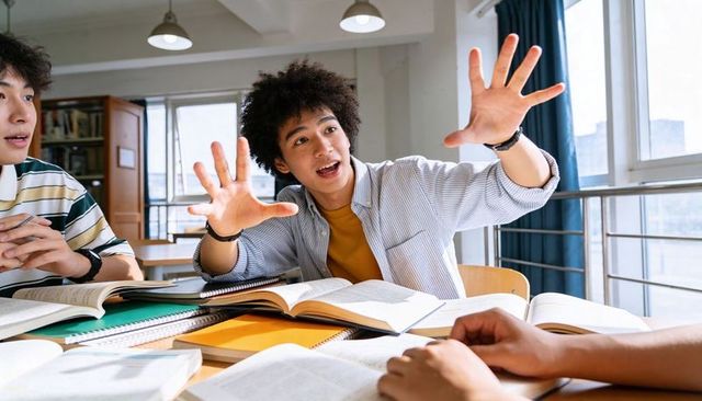 Curly-haired student explaining and gesturing during group study session in classroom