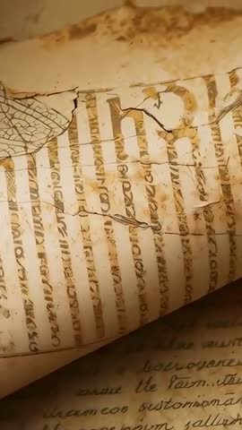 Vertical video peeling parchment revealing leaf sketch and aged handwritten manuscript