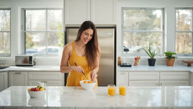 Smiling woman in mustard dress preparing oranges on marble kitchen island with fresh juice