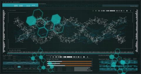 Dynamic Network Data Dashboard Visualizing Pulsing Node Graph, Hex Overlays and Metrics