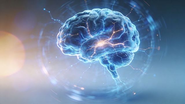 Holographic brain model with glowing neural network rotating in futuristic digital space