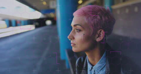 Contemplative Woman with Pink Hair in Digital Design