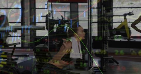 Double exposure woman performing barbell squat with stock market candlestick overlay