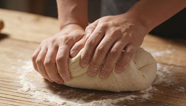 Hands kneading bread dough on wooden countertop with scattered flour closeup